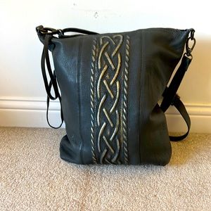 Gray Shoulder Bag with Gold Metallic Detail on Front